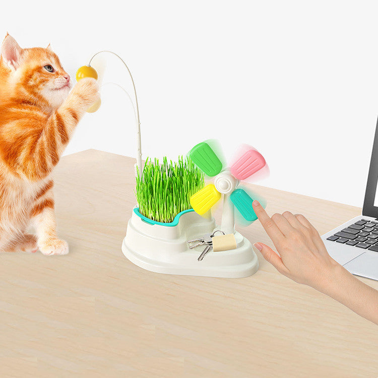 Windmühlen-Katzenspielzeug mit Katzengrasbox – Spielset für Stubentiger (Gras nicht enthalten)