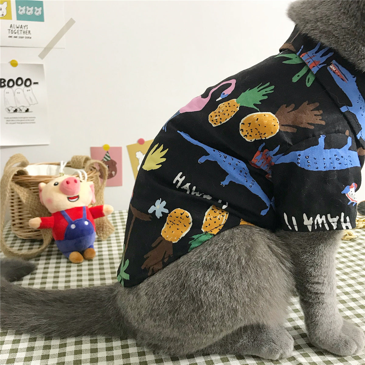 Hawaii-Outfit für Katzen – Sommerhemd mit Strohhut & Brille