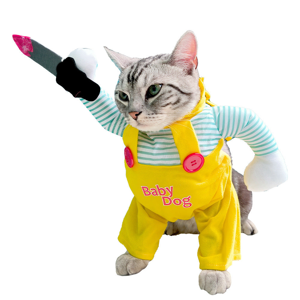 Katzenkostüm mit Messer – Lustiges Assassin-Outfit in Gelb