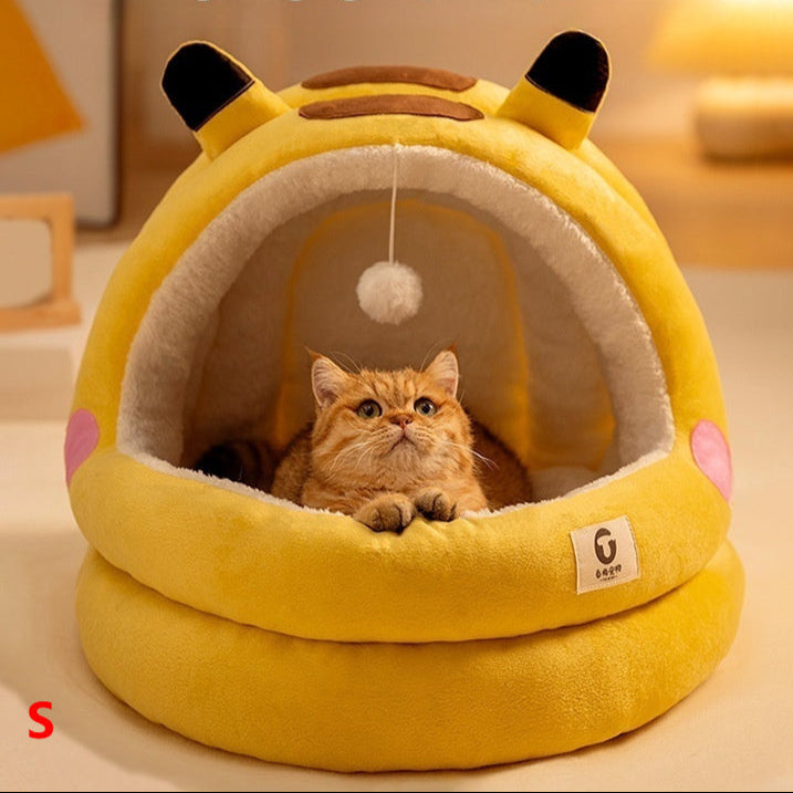 Katzenbett im gelben Comic-Design – Warmes, geschlossenes Kuschelnest für alle Jahreszeiten