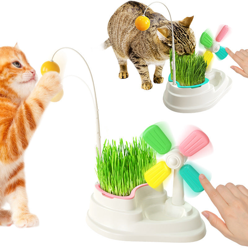 Windmühlen-Katzenspielzeug mit Katzengrasbox – Spielset für Stubentiger (Gras nicht enthalten)