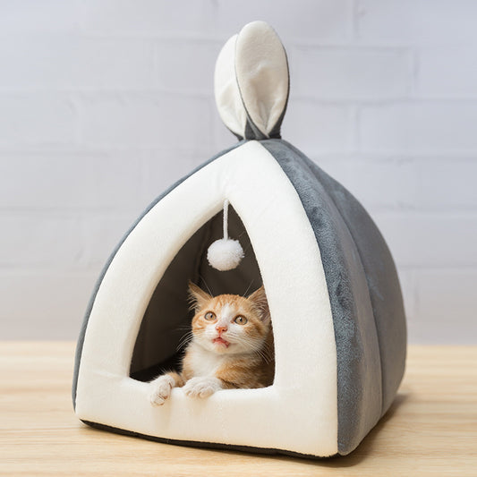 Katzenhaus in Hasen-Optik – Gemütliches Katzenbett mit Dach