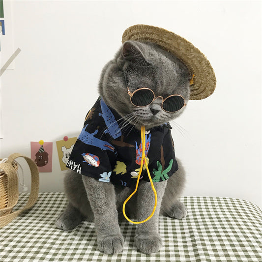 Hawaii-Outfit für Katzen – Sommerhemd mit Strohhut & Brille