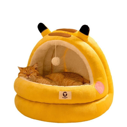 Katzenbett im gelben Comic-Design – Warmes, geschlossenes Kuschelnest für alle Jahreszeiten