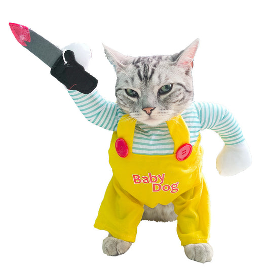 Katzenkostüm mit Messer – Lustiges Assassin-Outfit in Gelb