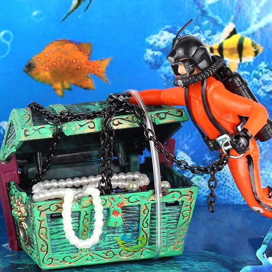 Aquarium Schatztruhe mit Taucher – Deko für Fischbecken