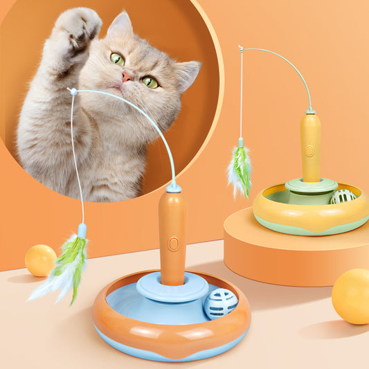2-in-1 Interactive Cat Toy – Turntable with Feather for Solo Play