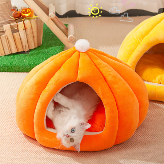 Katzennest im süßen Kürbis-Design – Geschlossenes Katzenbett aus hochwertigem PP Baumwollmaterial